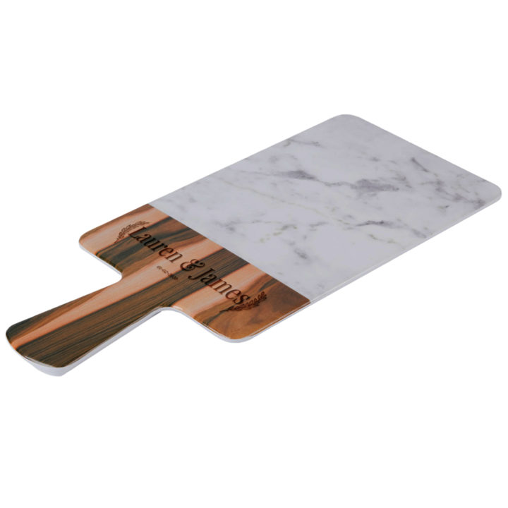 Personalized Laurel Couple 12 x 7 Wood and Marble Rectangular Serving Board w/ Handle - Image 4