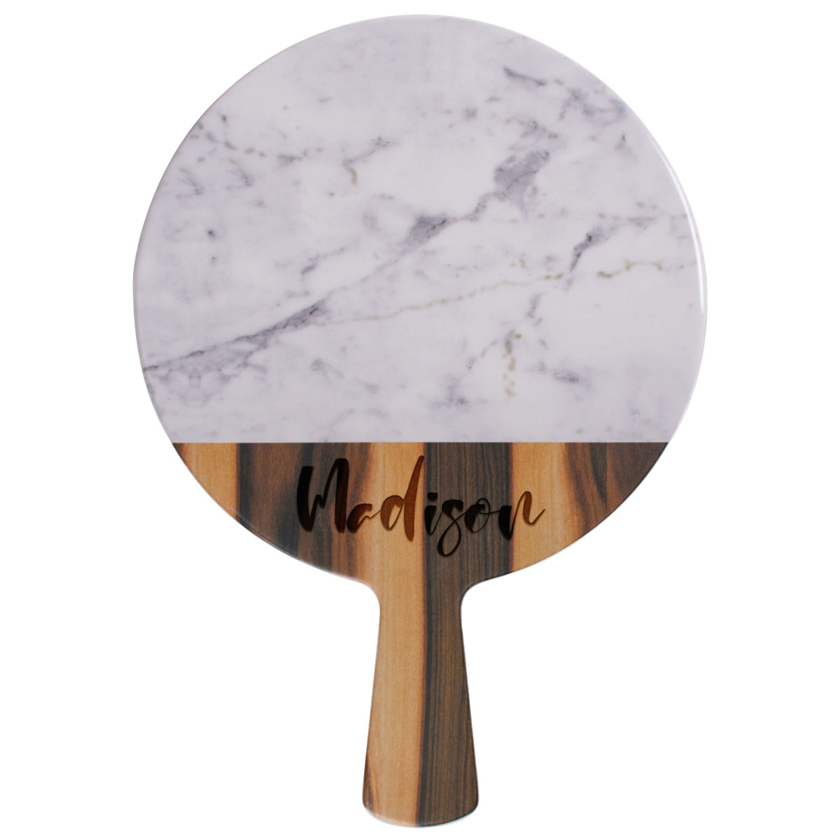 Personalized 12'' Wood and Marble Finish Round Melamine Serving Board w/ Handle - Image 4