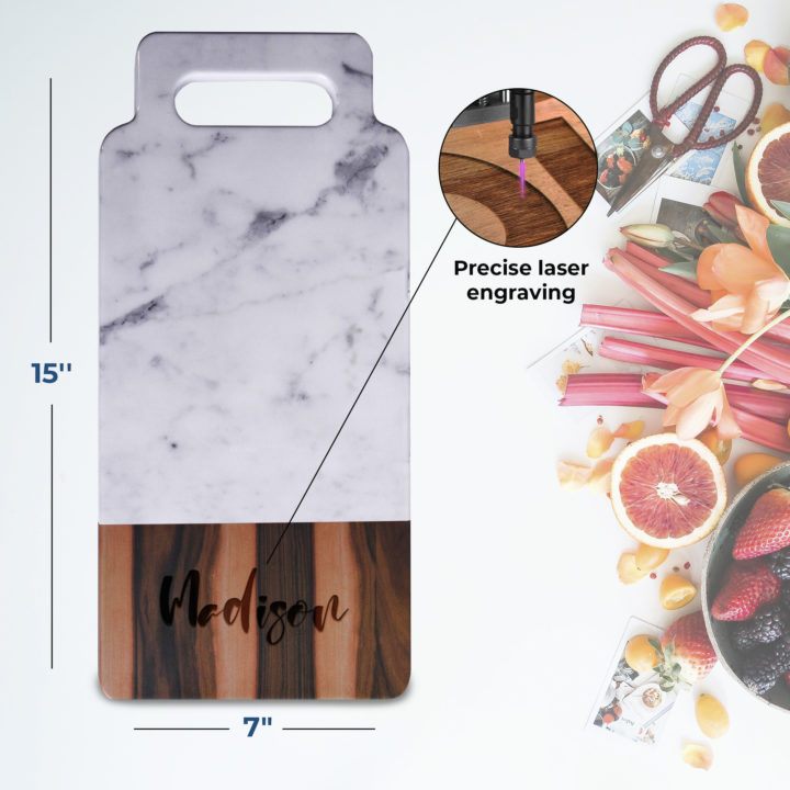 Personalized 15x7 Faux Hickory Wood and Carrara Marble Melamine Serving Board with Handle - Image 3