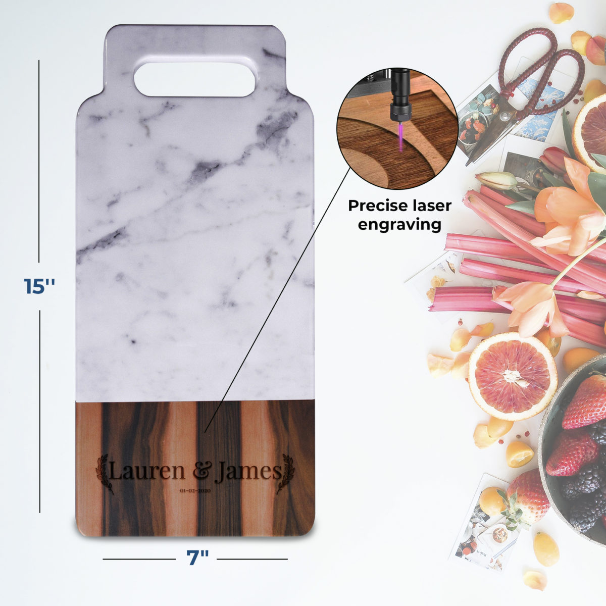 Personalized Laurel Couple 15x7 Faux Hickory Wood and Carrara Marble Melamine Serving Board with Handle - Image 2