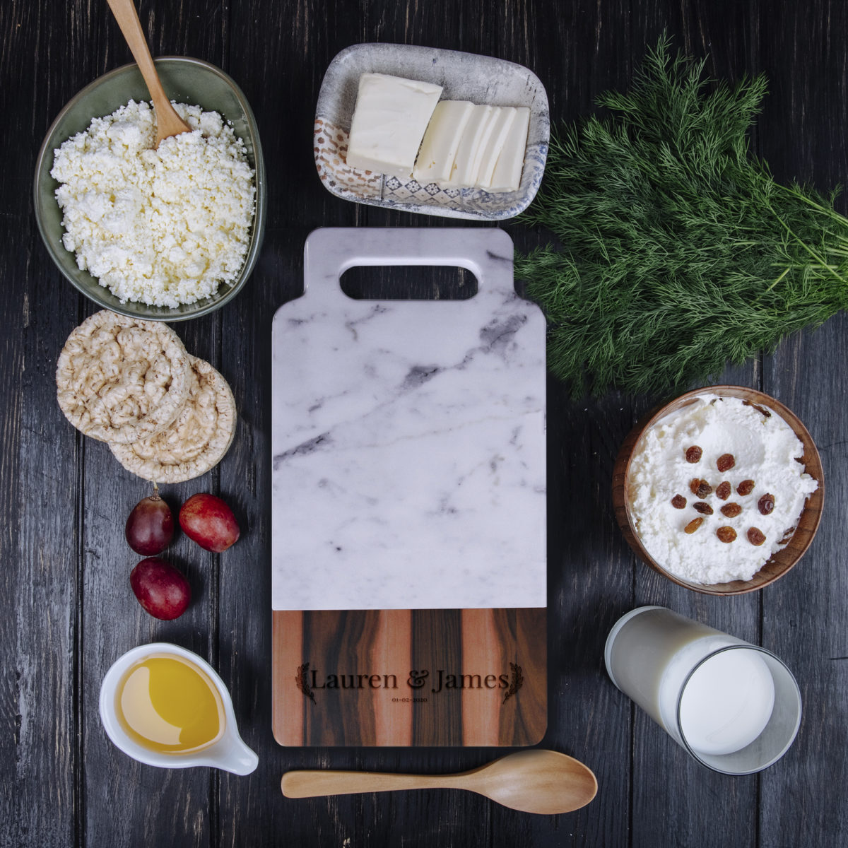 Personalized Laurel Couple 15x7 Faux Hickory Wood and Carrara Marble Melamine Serving Board with Handle