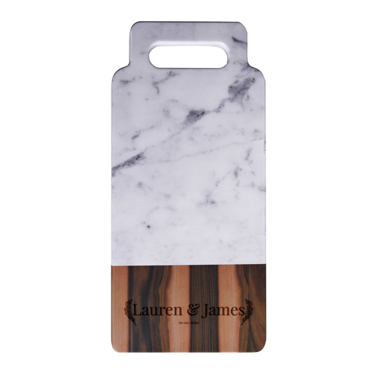 Personalized Laurel Couple 15x7 Faux Hickory Wood and Carrara Marble Melamine Serving Board with Handle - Image 4