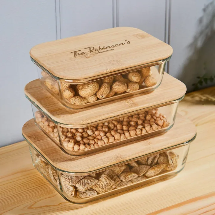 Personalized Corner Text Glass Container with Bamboo Lid