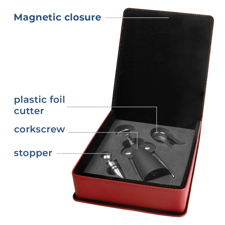 personalized custom laser engraved faux leather 3 piece wine tool kit with wine stopper and bottle opener foil cutter