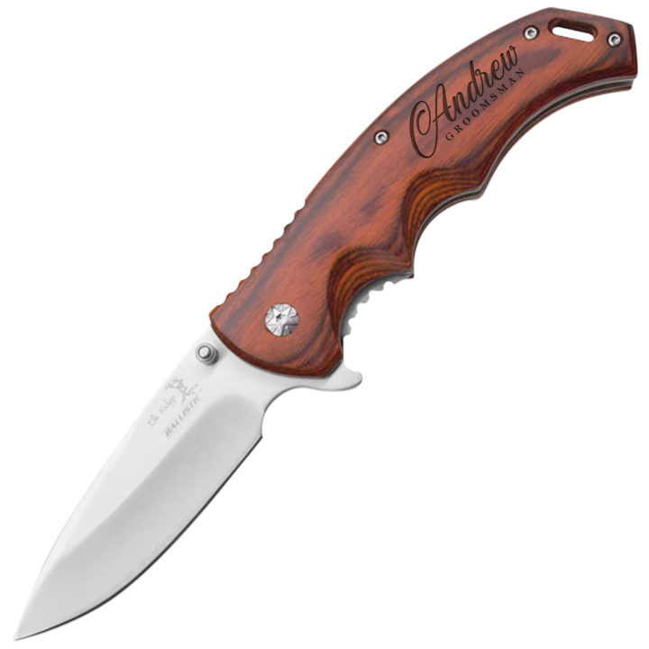 Personalized 8.5" Spring Assisted Pocket Knife with Wood Handle - Image 4