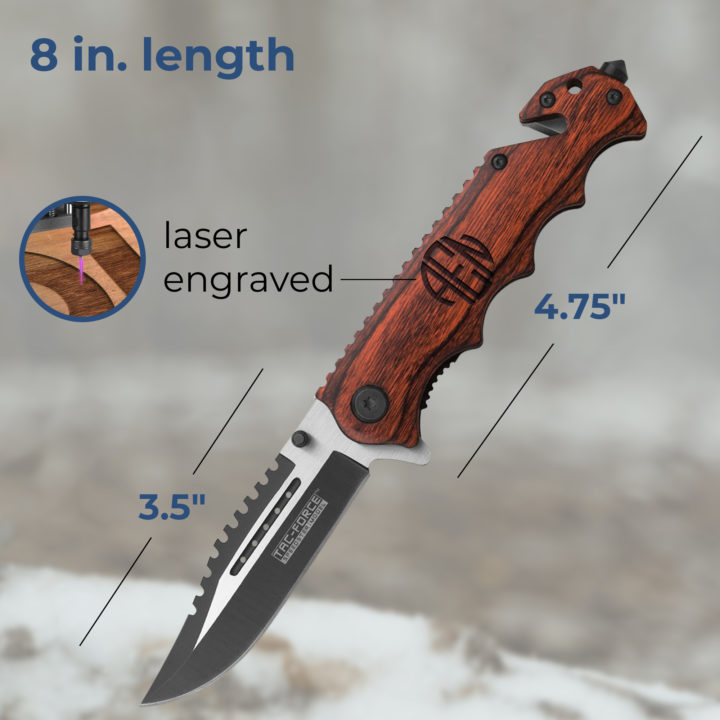 Personalized Round Monogram 8" Tactical Folding Knife with Wood Handle - Image 3