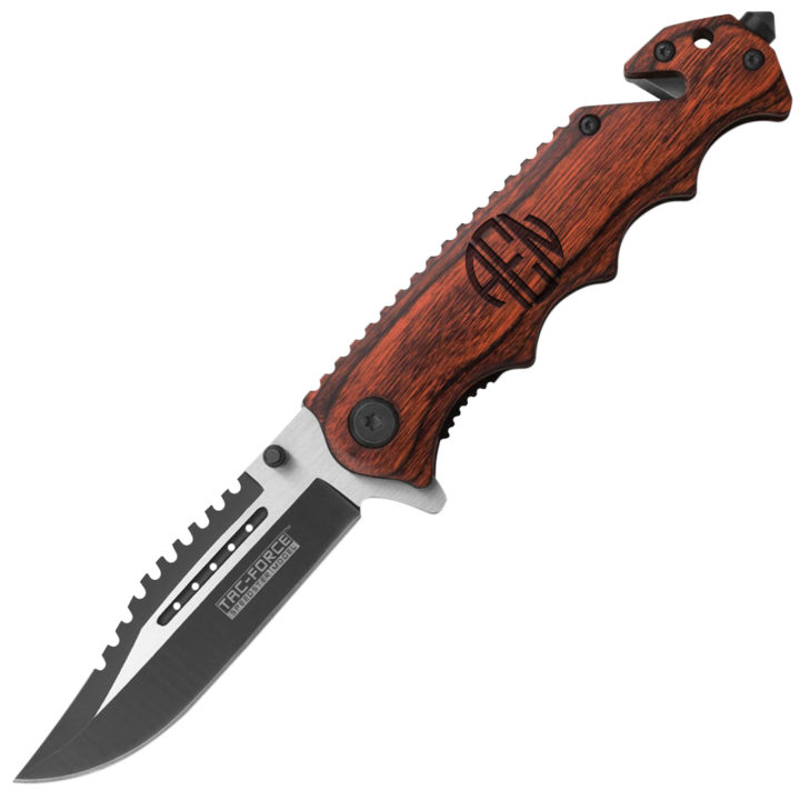Personalized Round Monogram 8" Tactical Folding Knife with Wood Handle - Image 4