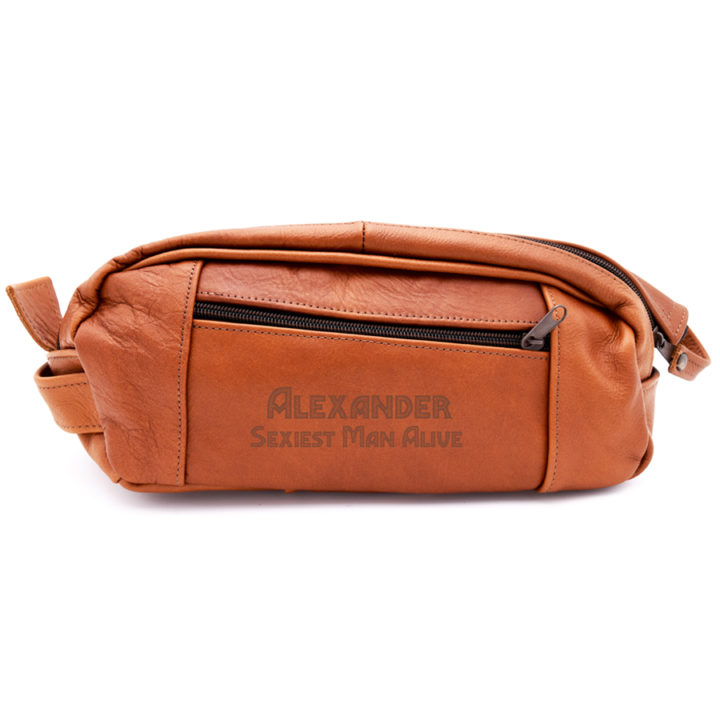 Personalized Tan Leather Toiletry Bag