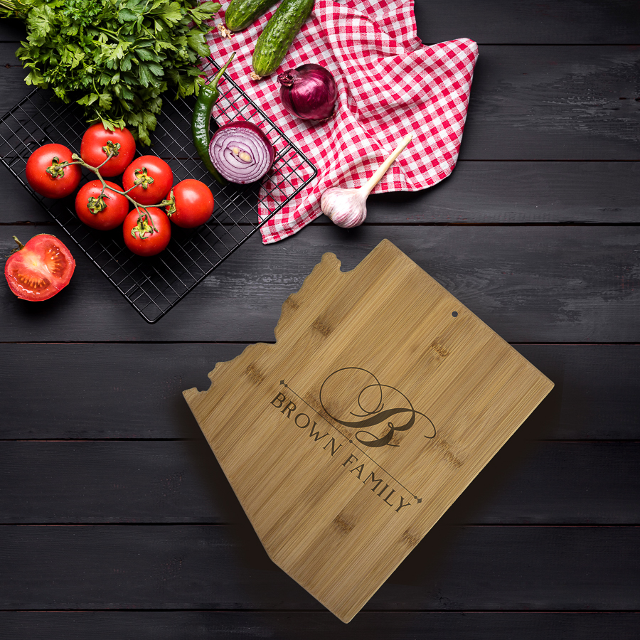 US State Shaped Bamboo Cutting Boards with Engraved Text