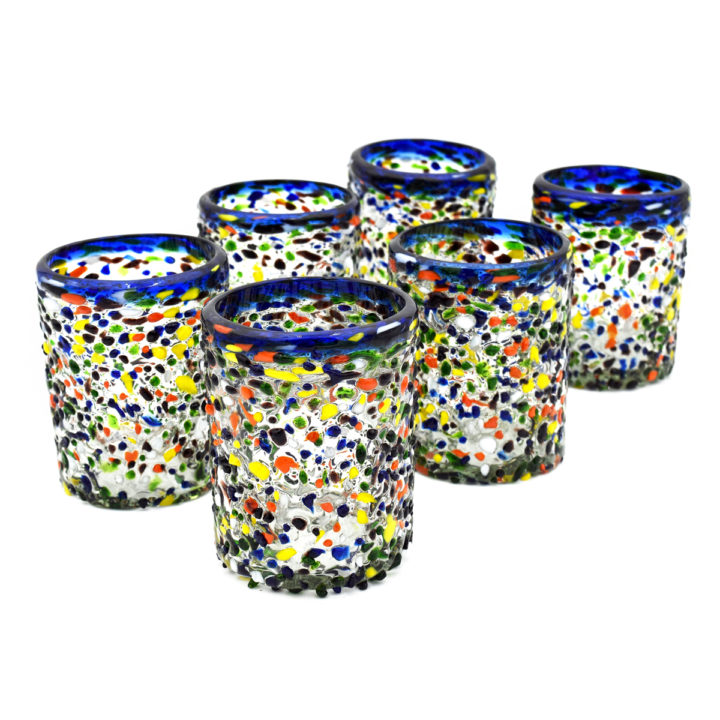 Blue Rim Confetti Rocks Hand Blown Glass Tumbler - Image 3