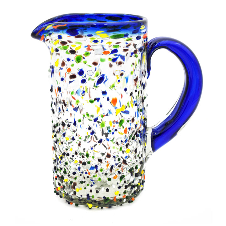 Blue Rim Confetti Rocks Hand Blown Pitcher
