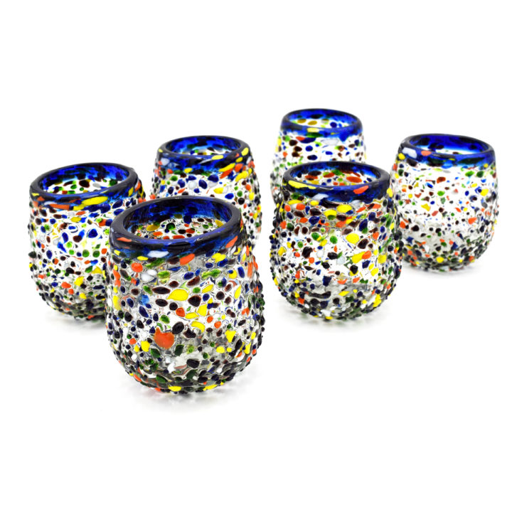 Blue Rim Confetti Rocks Hand Blown Stemless Wine Glass - Image 3