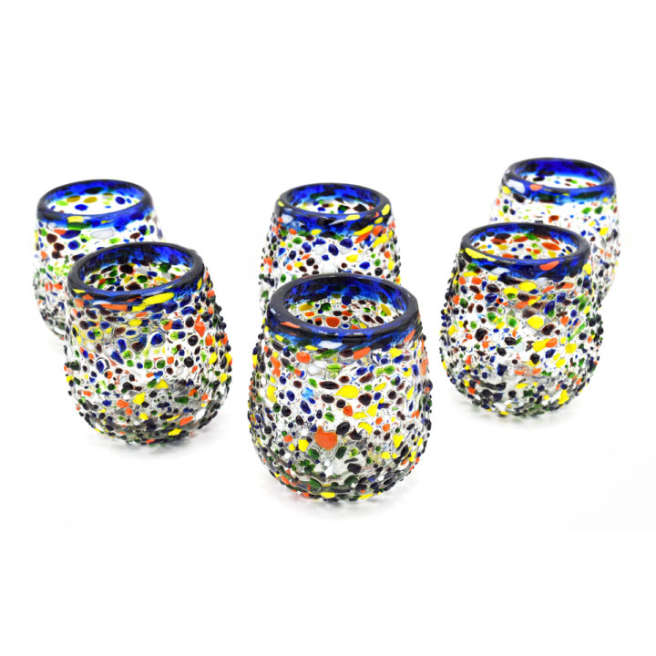 Blue Rim Confetti Rocks Hand Blown Stemless Wine Glass