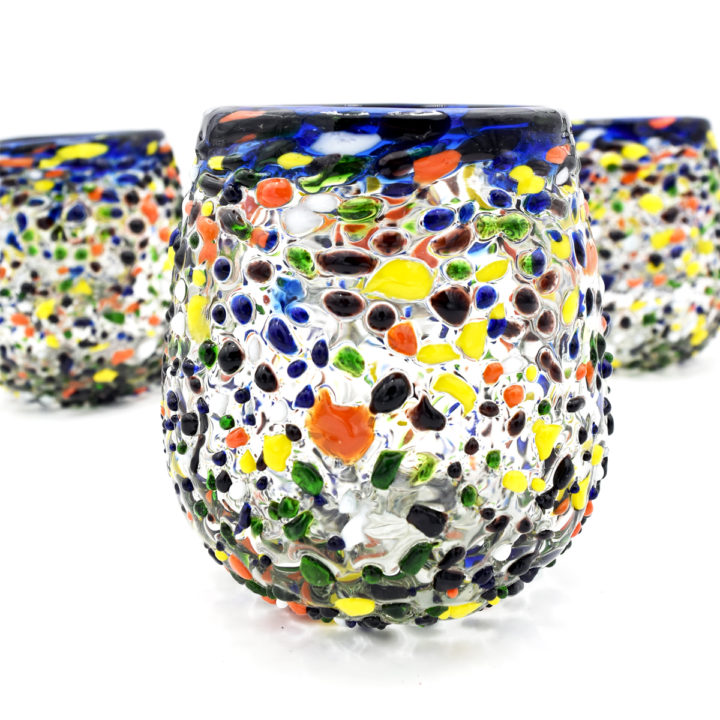 Blue Rim Confetti Rocks Hand Blown Stemless Wine Glass - Image 2