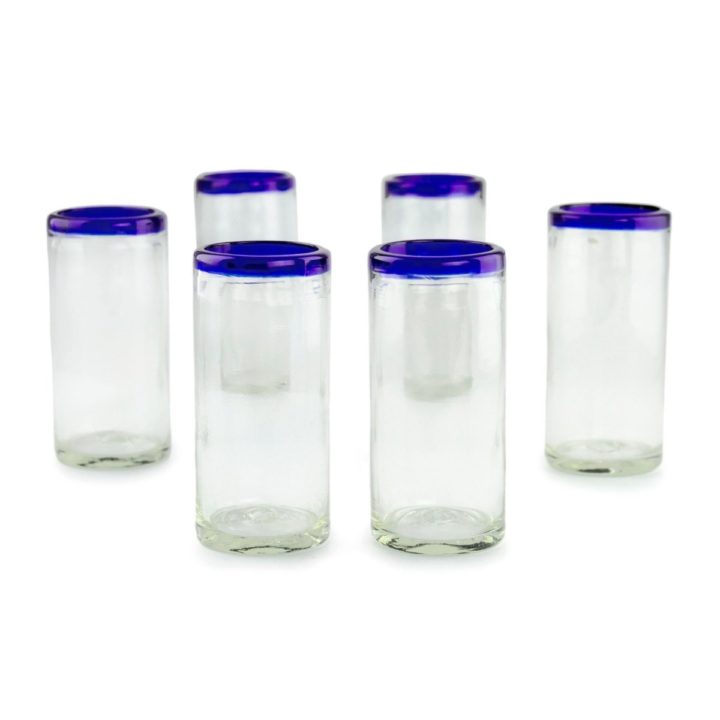 Blue Rim Handblown Highball Glass Tumbler Drinkware (Set of 6) - Image 2