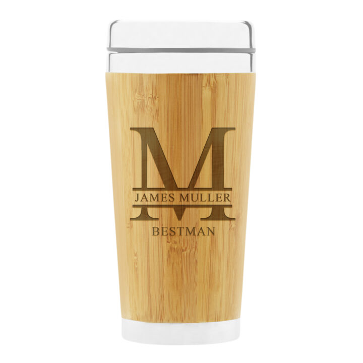 Personalized Split Letter Monogram Bamboo Coffee Travel Mug