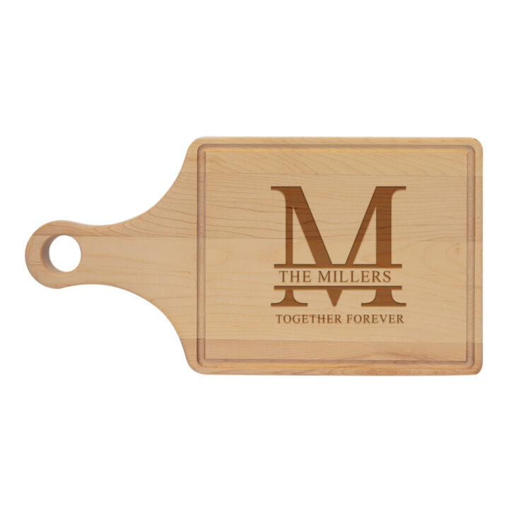 Custom Split Letter Monogram Maple Cutting Board Paddle Shape with Drip Ring