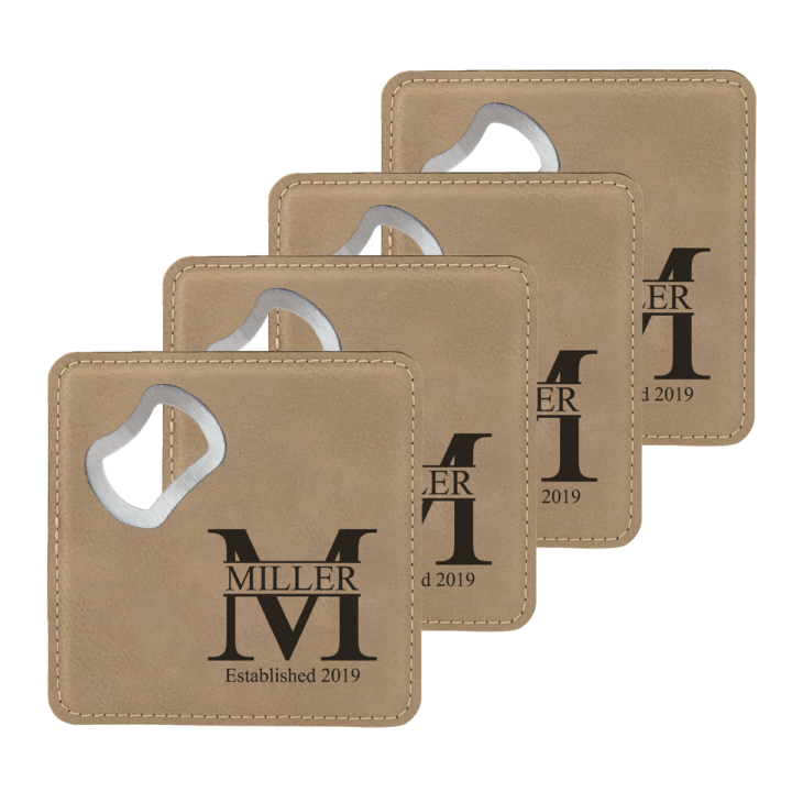 faux leather leatherette coaster set with metal bottle opener