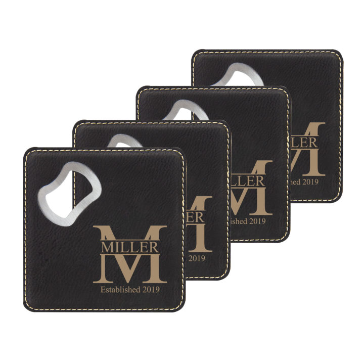 faux leather leatherette coaster set with metal bottle opener