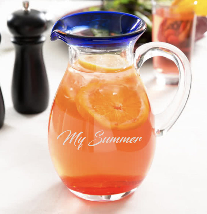 Personalized Pitcher with Cobalt Blue Rim