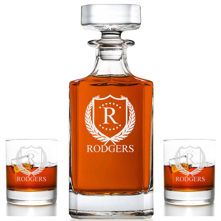 ShieldStar Personalized 3 pc Whiskey Decanter Set Rock Glass