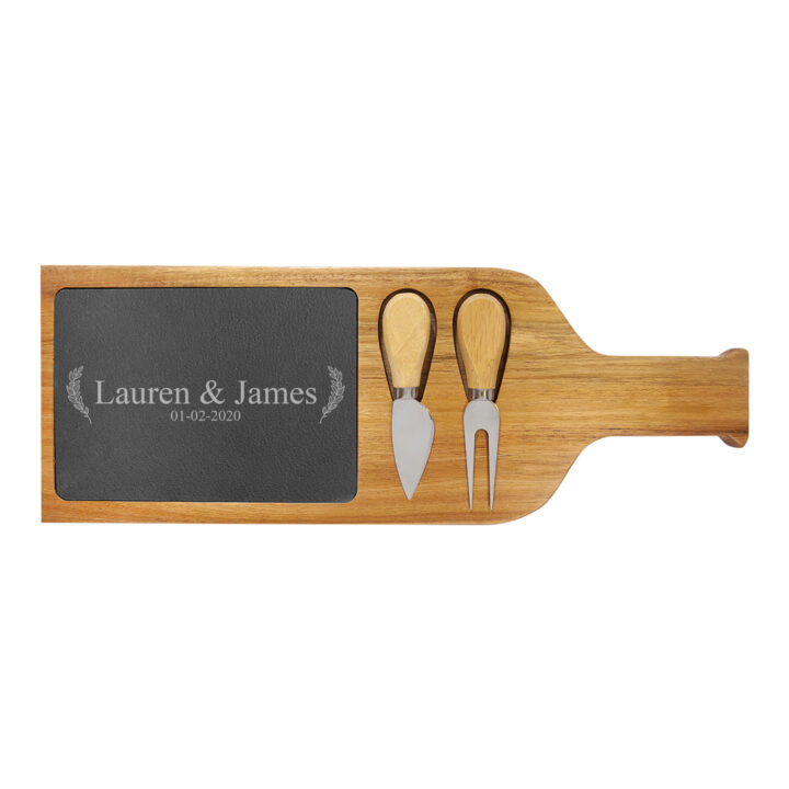 Custom Laurel Couple Slate Board with Cheese Tools