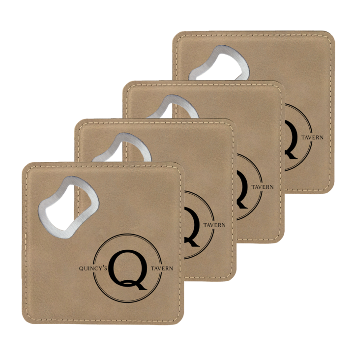 faux leather leatherette coaster set with metal bottle opener