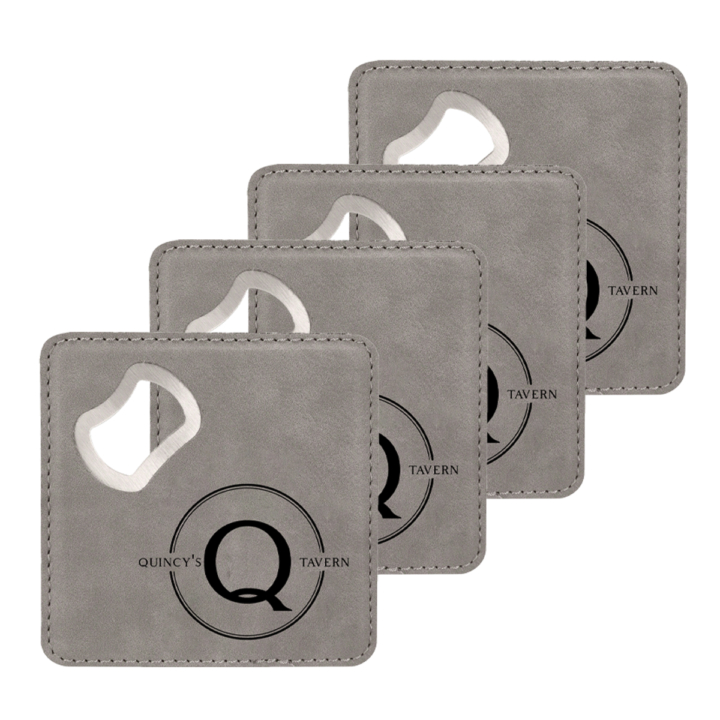 faux leather leatherette coaster set with metal bottle opener