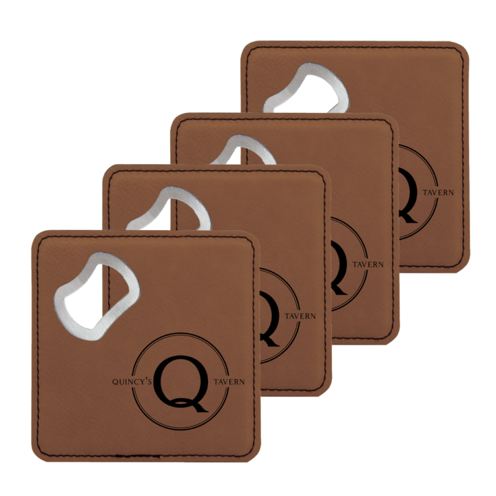 faux leather leatherette coaster set with metal bottle opener
