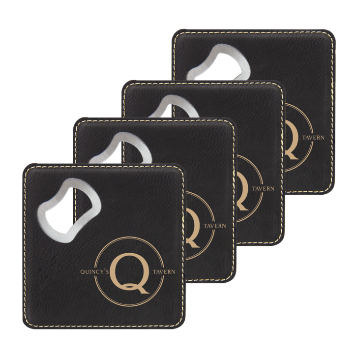 faux leather leatherette coaster set with metal bottle opener