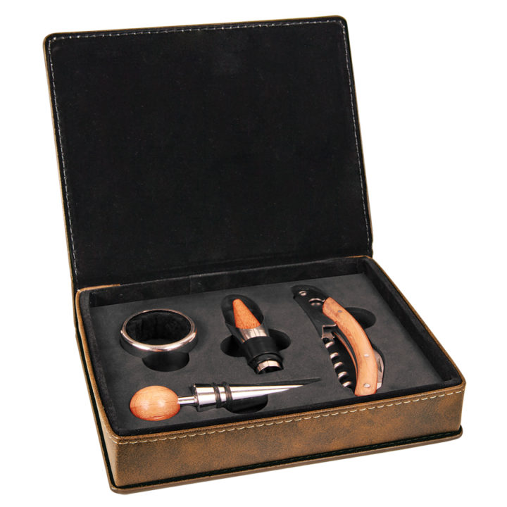 personalized custom laser engraved faux leather wine tool kit with corkscrew wine stopper drip collar and decanting pourer