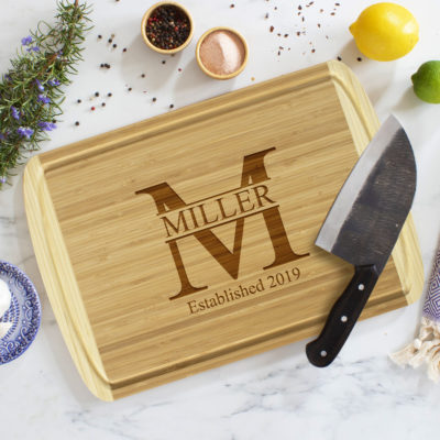 Personalized Monogram Flat Grain Bamboo Cutting Board with Juice Groove