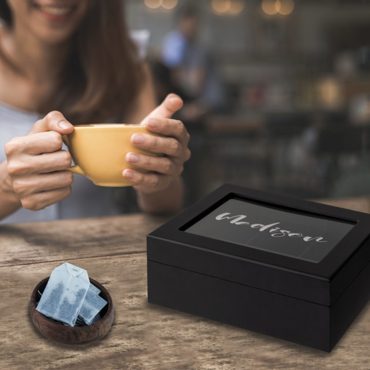 Personalized Black Wood 6 Compartment Tea Chest w/ Window