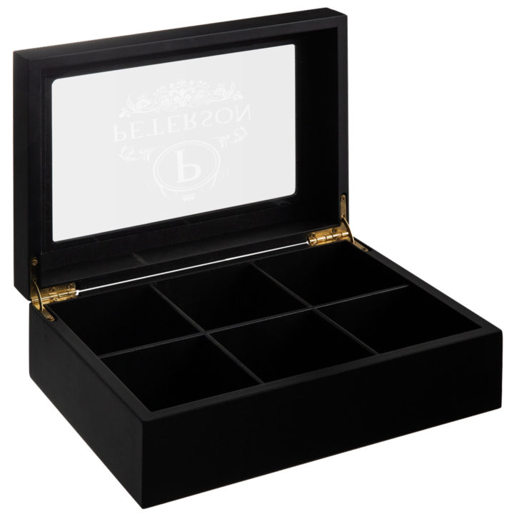 Personalized Family Crest Black Wood 6 Compartment Tea Chest w/ Window - Image 4