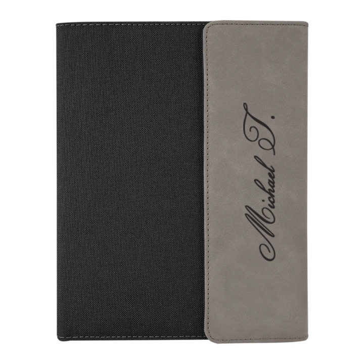 custom laser engraved canvas and leatherette faux leather portfolio with notepad