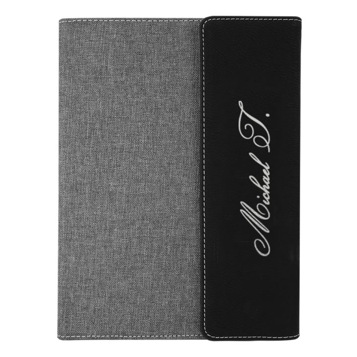 custom laser engraved canvas and leatherette faux leather portfolio with notepad