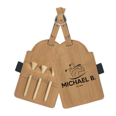 Personalized Golf Swing Leatherette Golf Bag Tag with Wooden Tees