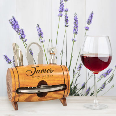 Personalized laser engraved 4 piece wine tool wood barrel