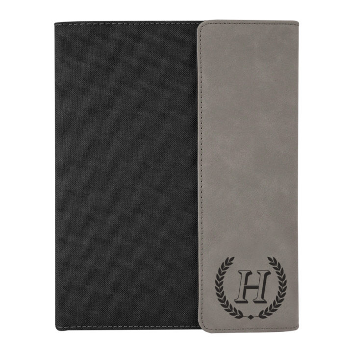 custom laser engraved canvas and leatherette faux leather portfolio with notepad