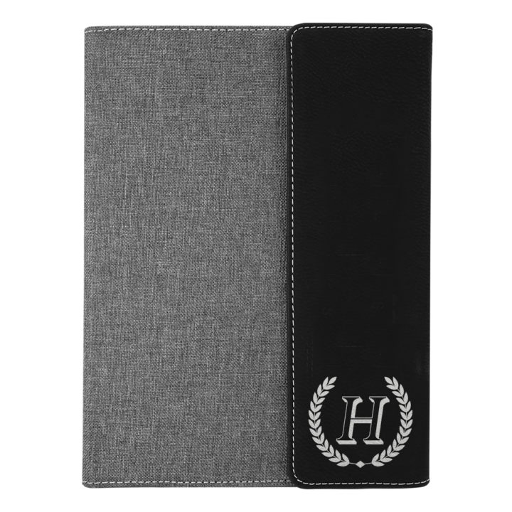 custom laser engraved canvas and leatherette faux leather portfolio with notepad