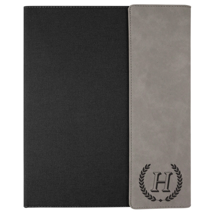 custom laser engraved canvas and leatherette faux leather portfolio with notepad