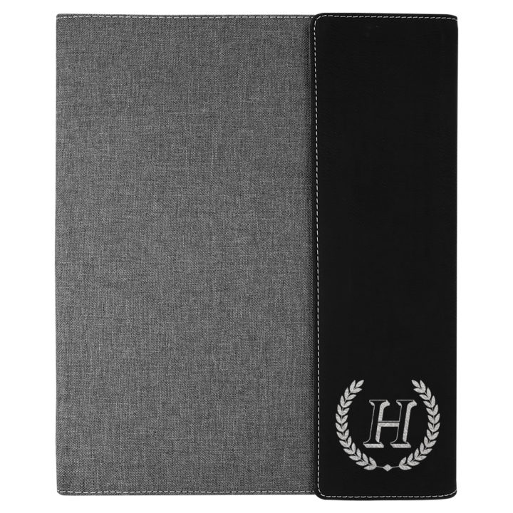 custom laser engraved canvas and leatherette faux leather portfolio with notepad