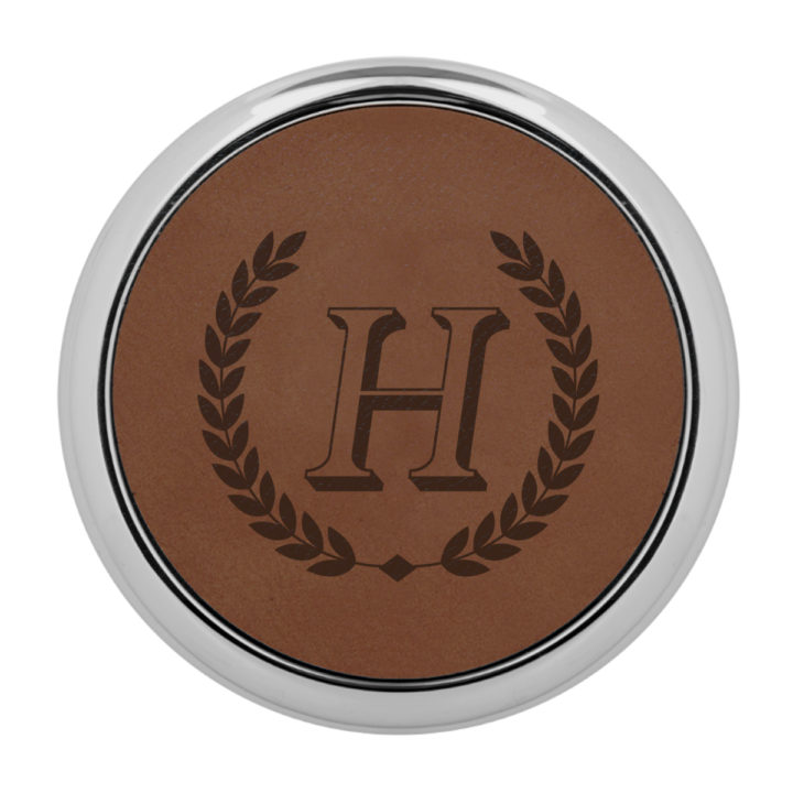 dark brown leatherette coaster with silver edge