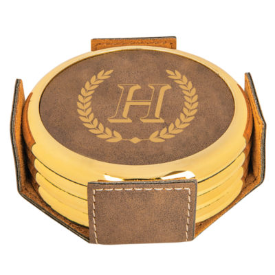 round leatherette coaster with gold edge on top white table top next to cold drinks