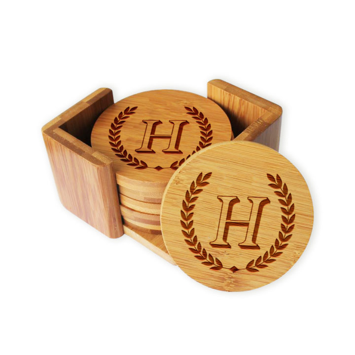 Personalized Round Bamboo Coaster Set - Image 5