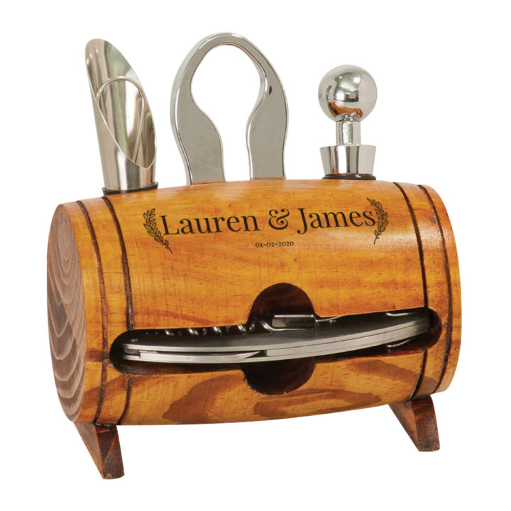 Personalized laser engraved 4 piece wine tool wood barrel