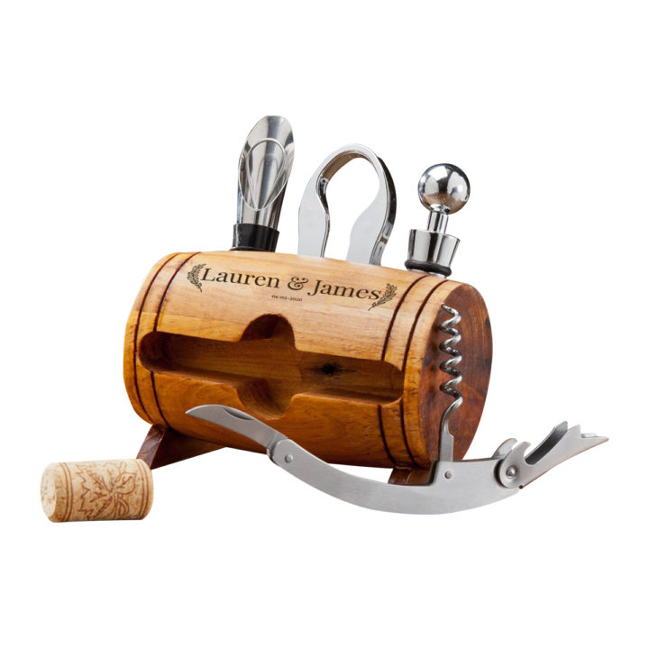 Personalized laser engraved 4 piece wine tool wood barrel