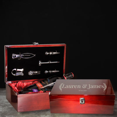 personalized custom laser engraved rosewood double wine bottle box with tools