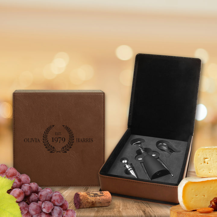 Personalized Laurel Seal Leatherette 3 Piece Wine Tool Set