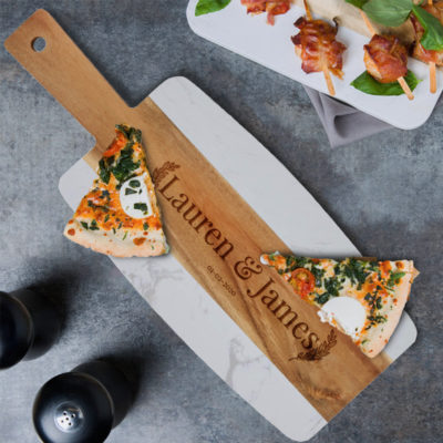Personalized Laurel Couple Marble and Acacia Wood Serving Board w/ Handle